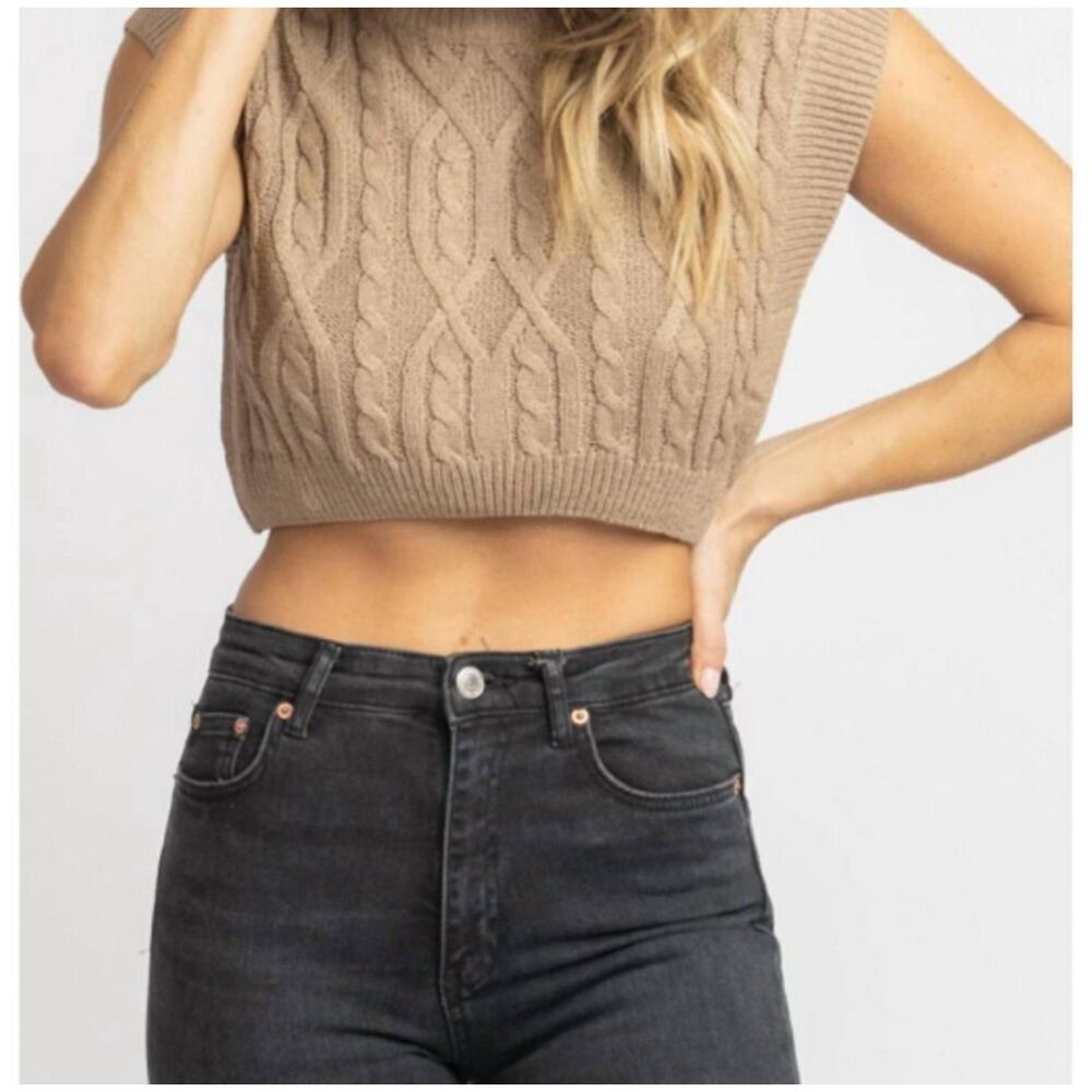 Cable Knit Crop Tank Top Coffee Brown Sleeveless Sweater Vest M